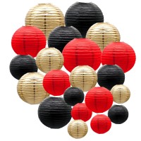 Paper Lanterns Decorations, Red Black Gold Hanging Round Paper Lanterns For Graduation, Bbq Party Supplies, Mickey Mouse Themed Birthday Party, Pirate Theme Casino Poker Party Supplies, Set Of 21