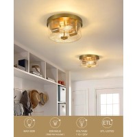 Emak Brushed Gold 2 Light Flush Mount Ceiling Light Fixture 11 Inch Close To Ceiling Light Fixtures With Seeded Glass Shades Fo