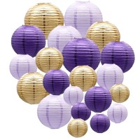 Paper Lanterns Decorative, Round Hanging Lanterns Party Supplies For Graduation Bachelorette Gender Neutral Baby Shower Unicorn Birthday Party Decorations Purple/Lavender/Gold 21Pcs