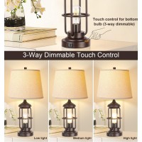 Qimh Table Lamp Set Of 2 With Usb Ports Touch Control 3Way Dimmable Bedside Lamp With 2 Led Night Light Farmhouse Rustic Nigh