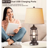 Qimh Table Lamp Set Of 2 With Usb Ports Touch Control 3Way Dimmable Bedside Lamp With 2 Led Night Light Farmhouse Rustic Nigh