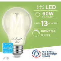 Sigalux E26 Led Bulb 60 Watt Dimmable Edison A19 Clear Light Bulbs, Energy Star Certified Vintage Led Filament Light Bulbs Soft White 2700K, Type A Old Fashioned Antique Bulbs, 8W, 800Lm, 6 Pack