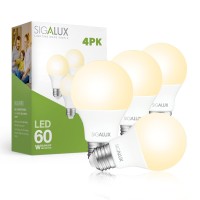 Sigalux Led Light Bulbs 60 Watt Equivalent A19 Standard Light Bulbs 2700K Warm, Non-Dimmable Energy Efficient 9.5W Led Soft White Bulb With E26 Medium Base, 800 Lumens, Ul Listed, 4 Pack