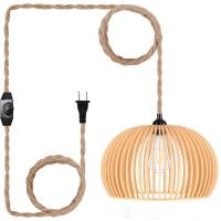 Plug In Pendant Light Hanging Lights With15Ft Hemp Rope Cord E26 Dimmer Switch Wood Lampshade Wicker Rattan Hanging Lights Fixture Plug In Chandelier For Kitchen Island Dining Room Entryway Hallway