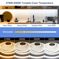 Cct Cob Led Strip Lights Tunable White, 16.4Ft Dimmable 2700K-6500K 24V Tunable White Led Strip Lights Set, High Density Led Strips Cri 90+ Ul-Listed Power Supply,For Bedroom Kitchen Home Diy Lighting