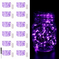 Camantu 12 Pack Fairy Lights Battery Operated, 7Ft 20Led Purple Valentines Day Lights Battery Operated Waterproof Silver Wire For Diy Mason Jar Bedroom Party Birthday Wedding Christmas Decorations