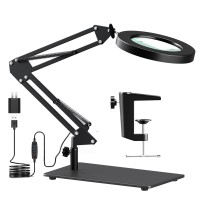 Hitti 10X Magnifying Glass With Light And Stand, 2-In-1 Led Lighted Magnifier Large Base & Clamp, 3 Color Modes Stepless Dimmable Magnifying Lamp, Adjustable Swing Arm For Repair Crafts Soldering