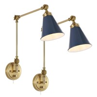 Wingbo Swing Arm Wall Lamp Set Of 2, Modern Adjustable Wall Mounted Sconce, Warm Brass Finish And Blue Metal Shade