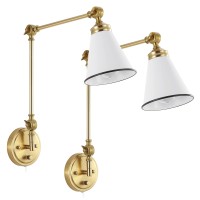 Wingbo Swing Arm Wall Lamp Set Of 2, Modern Adjustable Wall Mounted Sconce, Warm Brass Finish And White Metal Shade