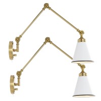 Wingbo Swing Arm Wall Lamp Set Of 2, Modern Adjustable Wall Mounted Sconce, Warm Brass Finish And White Metal Shade