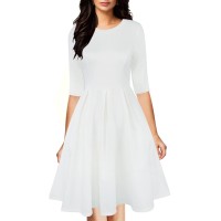 Oxiuly Womens Vintage Half Sleeve O-Neck Contrast Casual Pockets Party Swing Dress Ox253 (White Solid, L)