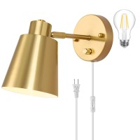 Vatoni Dimmable Wall Sconce, Plug In Wall Sconce Adjustable Angle Wall Lights With Plug In Cord And Dimmer On/Off Knob Switch, Gold Wall Mounted Light For Bedside Bedroom Doorway(1 Pack, 1 Bulb)