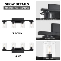 Sadenicel 4 Light Bathroom Light Fixtures, Vanity Lights For Bathroom, Black Wall Sconces Lighting With Clear Glass Shades