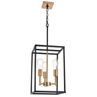 Vinluz 3 Light Vintage Industrial Pendant Light, Lantern Cage Chandelier In Black And Brushed Brass Finish Classic Hanging Kitchen Lighting For Foyer Dining Room Kitchen Island, Bedroom