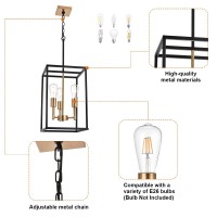 Vinluz 3 Light Vintage Industrial Pendant Light, Lantern Cage Chandelier In Black And Brushed Brass Finish Classic Hanging Kitchen Lighting For Foyer Dining Room Kitchen Island, Bedroom