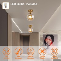 Kco Lighting 1 Light Flush Mount Ceiling Light Gold Mid Century Modern Light Fixture Globe Ceiling Light For Hallway Entryway Bedroom (Amber Glass Globe)