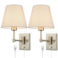 Samteen Swing Arm Wall Sconces Set Of Two Plug In Wall Lamp With Grey Fabric Shade And On Off Switch Wall Light For Bedside Livi