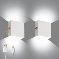 Lightess Touch Wall Sconce Battery Powered Set Of 2 White Small Wall Lights Rechargeable Up Down Wall Mount Lights Indoor Dimm