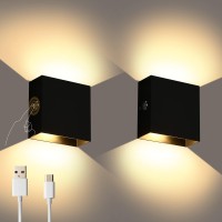 Lightess Led Wall Sconce Battery Powered Set Of 2, Touch Control Dimmable Wall Lamp Rechargeable Black, Up Down Wall Mount Lights For Hallway Living Room, Warm White, Lg9939111