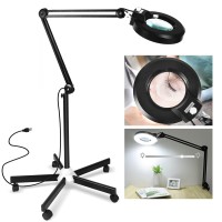 8X Magnifying Glass With Light And Stand, Lancosc Floor Lamp With 5-Wheel Rolling Base For Facials Lash Estheticians, 1,500 Lumens Dimmable Led Lighted Magnifier For Reading Sewing Crafts - Black