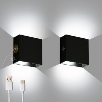 Lightess Dimmable Led Wall Sconce Battery Powered Set Of 2 Touch Control Wall Light Rechargeable Black Modern Up Down Wall Mou