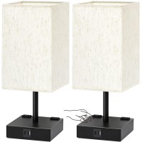 Touch Control Table Lamps Set Of 2 - Nightstand Lamp For Bedroom With Usb C+A Charging Ports & Ac Outlets, 3-Way Dimmable Bedside Lamp Flaxen Fabric Shade For Bedroom Living Room(Bulb Included)