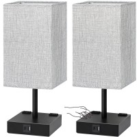 Touch Control Table Lamps Set Of 2 - Nightstand With Usb C+A Charging Ports & Ac Outlets, 3-Way Dimmable Bedside Grey Fabric Shade For Bedroom Living Room, Office(Bulb Included)