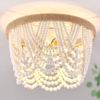 Capslpad Wood Beaded Flush Mount Ceiling Light Antique Rustic Mini Chandelier 3-Light White Boho Light Fixture For Dining Room,Nursery Room,Bedroom,Girl Room,Hallway,Entryway,Passway