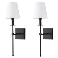 Tislyco Slim Wall Sconce Set Of 2 White Fabric Shades Wall Sconce Hardwired Indoor Wall Light Column Stand Bedroom Wall Lamps Bathroom Vanity Light Fixture, Black