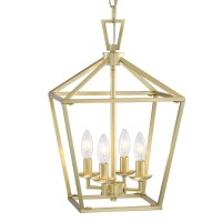 Untrammelife Gold Lantern Chandelier 4-Light Pendant Light Modern Hanging Pendant Light Fixtures In Brushed Brass Finish, Adjustable Metal Chain Geometric Chandelier For Kitchen Island Stair Foyer