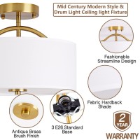 Bargeni Flush Mount Ceiling Light 13 Inch Mid Century Modern Ceiling Light Fixture Antique Brass With Fabric Shade 3Light Drum