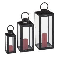 Relaxdays Lanterns Set Of 3, Decorative Candle Holders For Outdoors & Indoors, 3 Sizes, Modern, Metal And Glass, Black, 60% Iron 40%