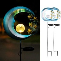 Solar Moon Lights, Outdoor Garden Lights With Crackle Glass Ball And Golden Stars, Waterproof Pathway Stake Lights For Lawn, Patio, Yard (2 Pack, Blue)