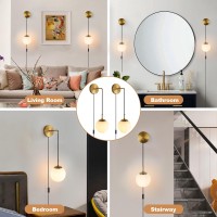 Kuzzull Wall Sconces Set Of Two Plug In Wall Sconces Brushed Brass Gold Wall Lamp With Cord Wall Sconce Plug In With Globe White