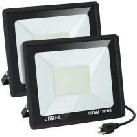 Jrbfa 2 Pack 100W Led Flood Lights Outdoor 10000Lm Led Work Light With Plug 6500K Daylight White Ip66 Waterproof Exterior Out