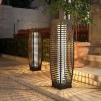 Grand Patio Floor Lamp Outdoor Lamp Patio Lights Solar Powered Lantern Weather-Resistant Wicker Deck Lights, Lamp Large-Sized For Garden - Large Fuji 2 Piece, Silver Gray