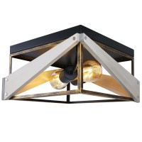 Industrial Flush Mount Ceiling Light Semi Flush Mount Ceiling Light With Metal And Wood Square Flush Mount Light Fixture For Hallway Living Room Bedroom Kitchen Entryway, Antique Gold And Off-White