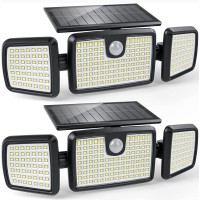 Solar Lights Outdoor, 3 Head Solar Motion Lights Outdoor With 2500Lm 218 Leds High Brightness, Built-In Bigger Tempered Glass Solar Panel, Sensitive Pir Motion Inductor (2-Pack)