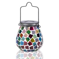 Afirst Mosaic Solar Lanterns Outdoor - Glass Hanging Solar Lights Hollow Out Waterproof Table Lamp Outdoor Decorative For Garden, Patio, Holiday Party Outdoor Decoration