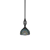 Elegant Mini Pendant With Hang Straight Swivel Shown In Matte Black Finish With 7 Turquoise Cypress Art Glass