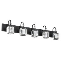 Ralbay Modern Crystal Black Vanity Light 5-Lights Modern Crystal Vanity Lights For Bathroom Matte Black Crystal Bath Wall Light Fixtures Modern Black Crystal Bathroom Light Fixtures