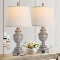 Gray Table Lamps For Bedroom Set Of 2 With Usb Port, Vintage 3-Way Dimmable Touch Control Nightstand Lamps, Bedside Lamps For Living Room, Farmhouse Lamps With Tapered Linen Drum Shade, Bulbs Included