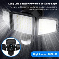 Quncwl Motion Sensor Outdoor Lights Battery Powered - 1000Lm Battery Operated Led Security Light - 5000K Flood Lights Ip65 Waterproof 3 Head Wall Light For Outside Garage Basement Barn