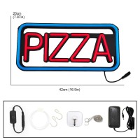 DELINEON 19 x 8 inches italic shape LED neon PIZZA sign Matte black base with ultra brightness silicone neon for business window sign light Size 15 x 48 x 20 cm 10mm plastic plate hollow the sahped 1 kg Light source blue and red color silicone led neon Po