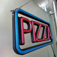 DELINEON 19 x 8 inches italic shape LED neon PIZZA sign Matte black base with ultra brightness silicone neon for business window sign light Size 15 x 48 x 20 cm 10mm plastic plate hollow the sahped 1 kg Light source blue and red color silicone led neon Po