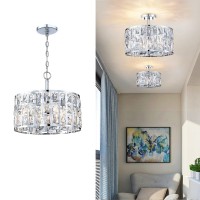 Farmhouse Crystal Convertible Chandelier And Semi Flush Mount Lighting Chrome Cylinder Drum Shade Pendant For Kitchen Island Din