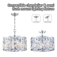 Farmhouse Crystal Convertible Chandelier And Semi Flush Mount Lighting Chrome Cylinder Drum Shade Pendant For Kitchen Island Din