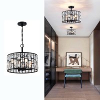 Farmhouse Crystal Convertible Chandelier And Semi Flush Mount Lighting Black Cylinder Drum Shade Pendant For Kitchen Island Dini