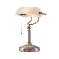 Newrays White Matted Glass Bankers Desk Lamp With Pull Chain Switch Plug In Fixture,Sand Nickel Base