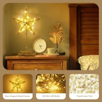 Lewondr Decorative Table Lamp, Christmas Star Night Lamp Tassel Lace Trim Warm Led Light Lamp For Bedroom, Battery Operated Lamp For Tables Cordless Xmas Home Romantic Bedside Table Lamp, Gold